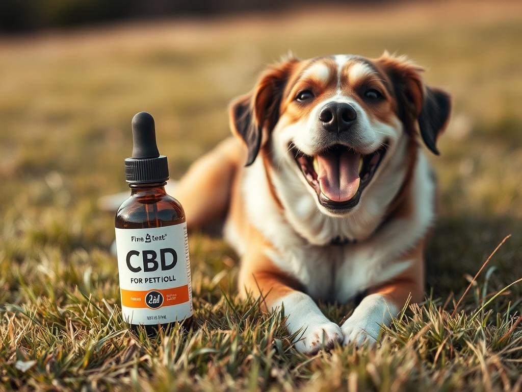 A happy dog lying on a grassy field, with a