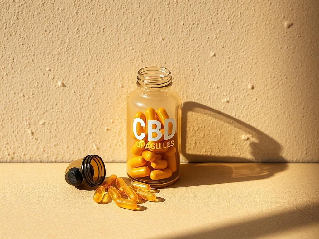 A clear bottle of CBD capsules placed on a simple,