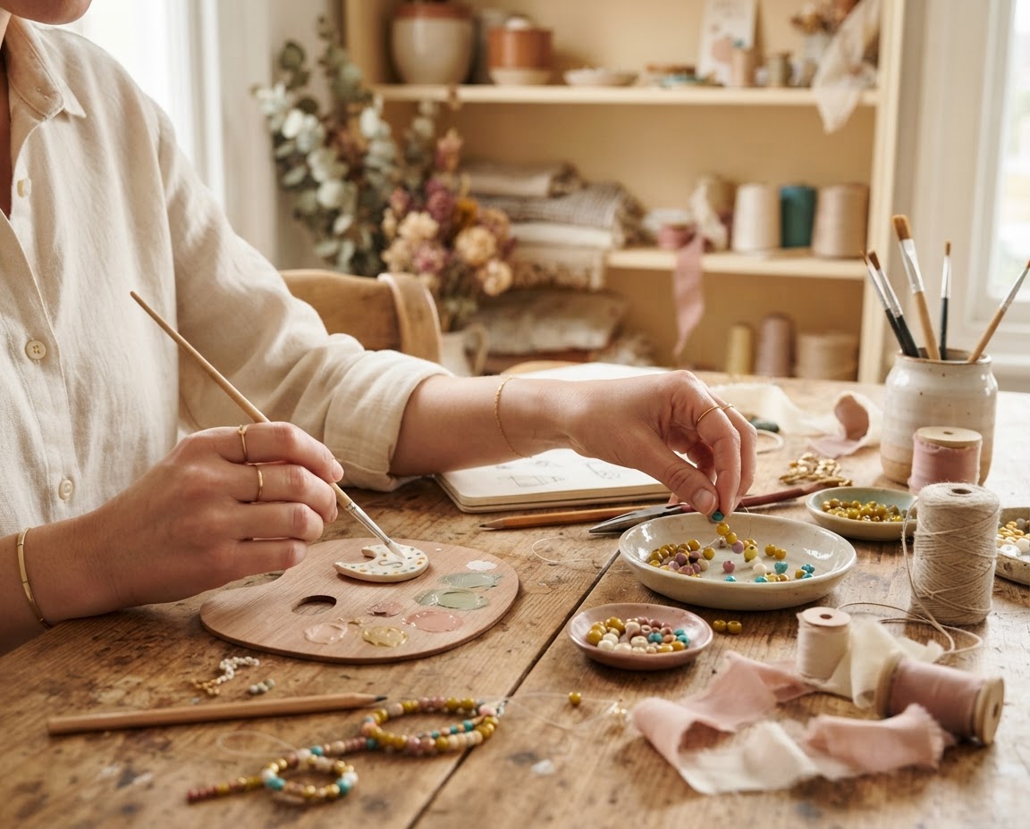 Hands carefully arranging beads and painting a small keepsake in a cozy craft studio