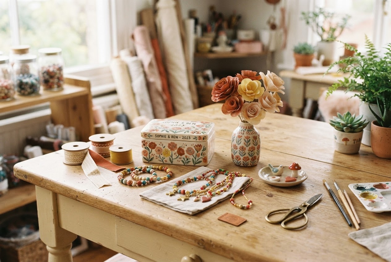A bright assortment of colorful, handmade keepsakes and craft supplies on a sunlit table