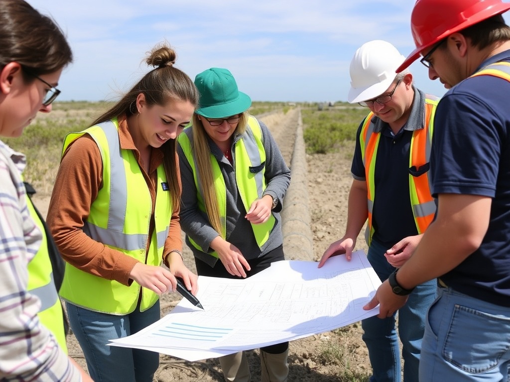 Women and men working together on coastal adaptation and water resilience infrastructure project examining pipeline corridor plans