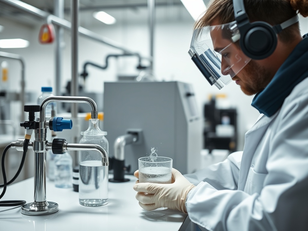 Environmental scientist and water quality specialist monitoring and testing water purity from municipal water system
