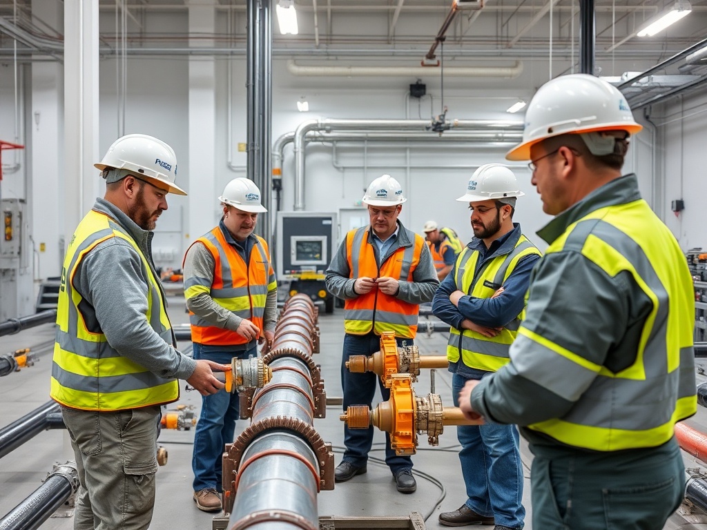 Infrastructure workers in professional training session learning about lower-loss pipeline technology and joint connection verification methods