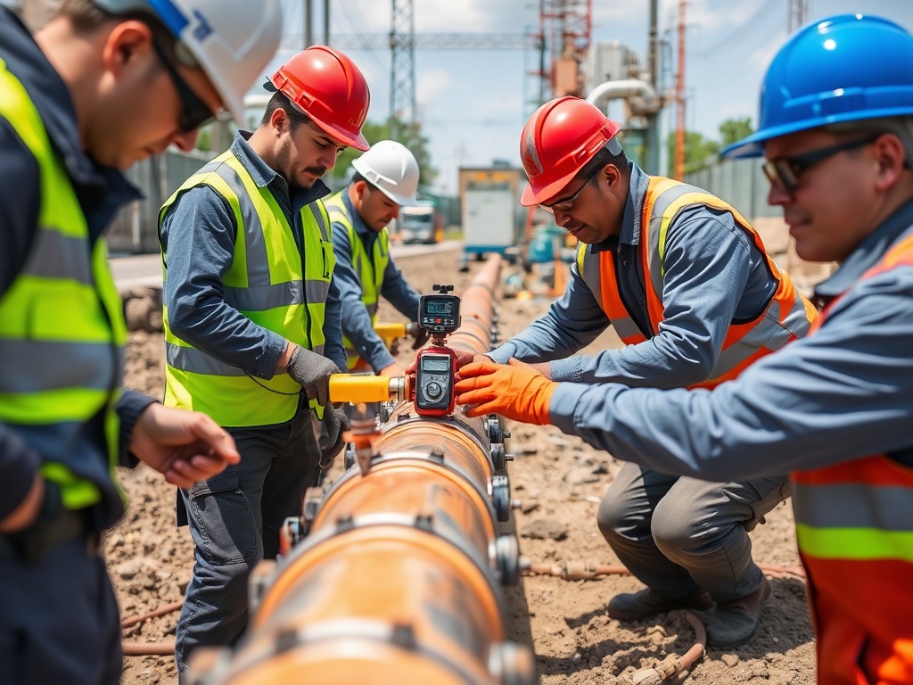 Team of skilled water utility workers installing and testing HDPE water pipes with specialized pressure testing equipment and monitoring sensors