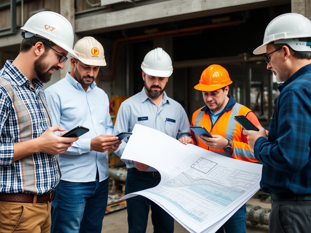 Diverse team of infrastructure professionals collaborating on water and gas infrastructure projects with real-time system data monitoring