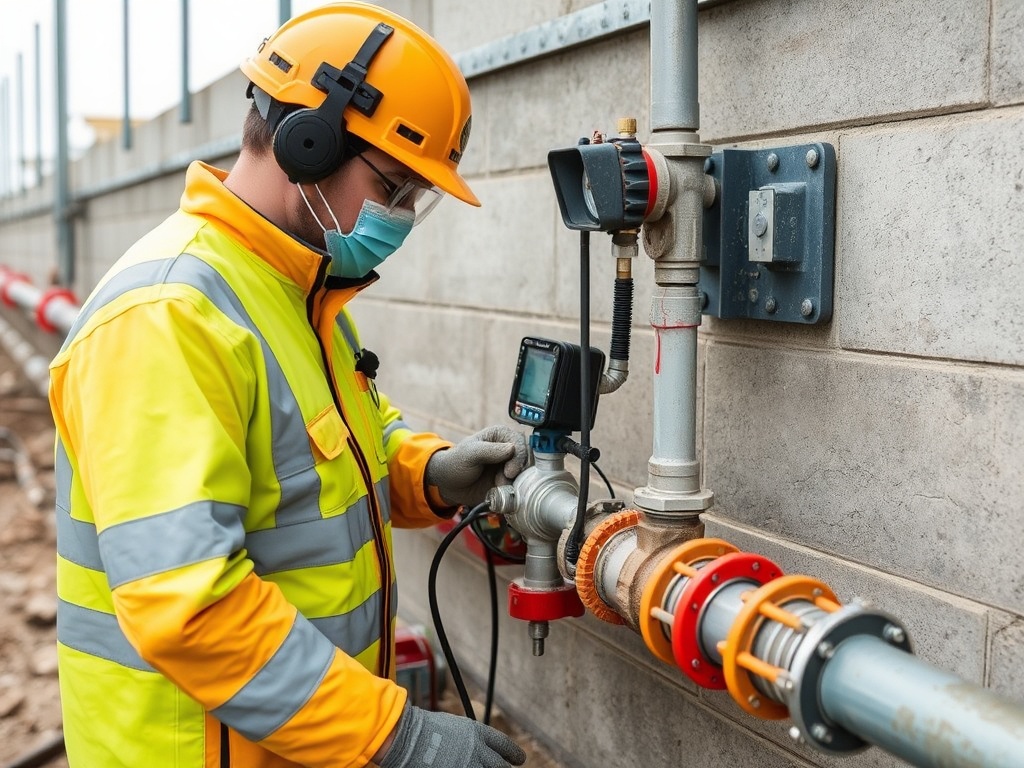 Field technician performing pressure testing and verification on water pipeline connections with modern monitoring equipment and specialized tools