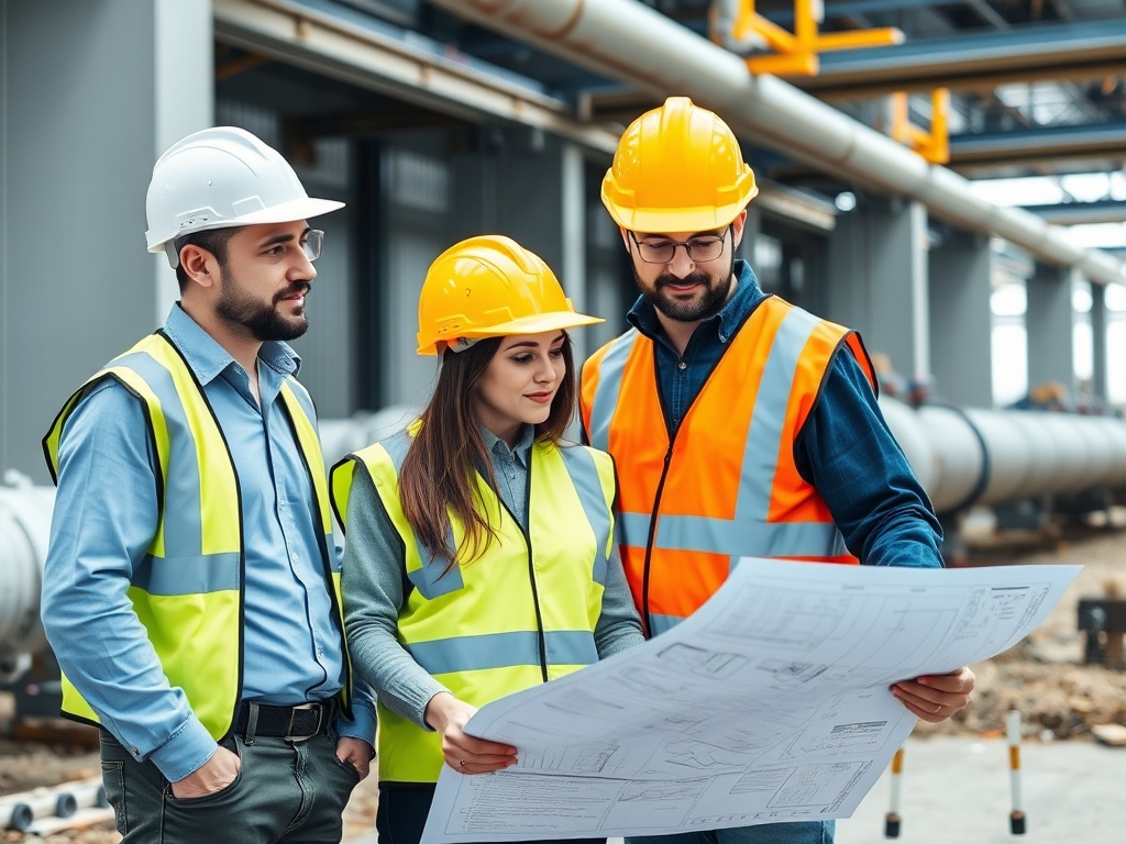 Professional male and female infrastructure engineers examining water pipeline specifications and technical drawings at construction site