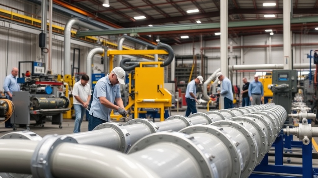 Manufacturing facility with workers assembling water infrastructure components