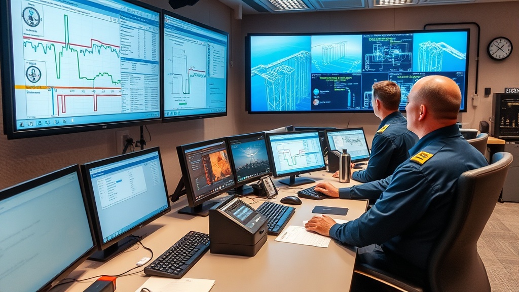 Water utility managers monitoring distribution systems in control room