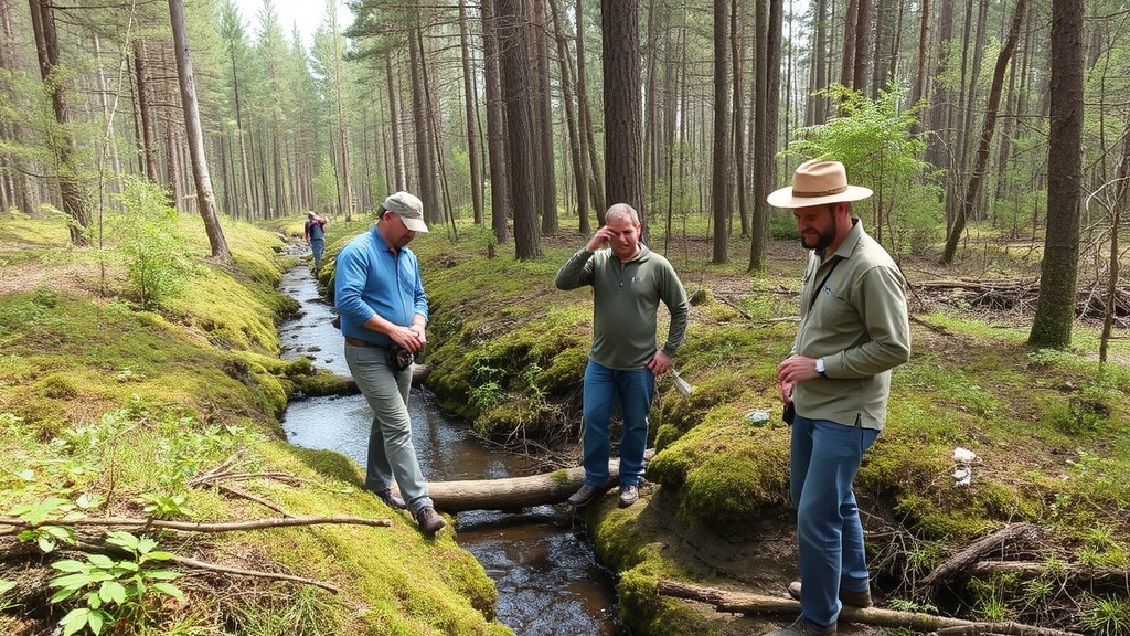 Ecosystem restoration professionals examining restored forest and water systems