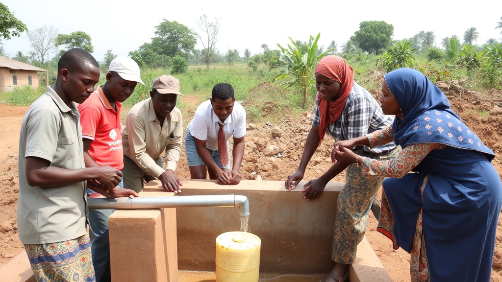 Development workers implementing water infrastructure project in developing region