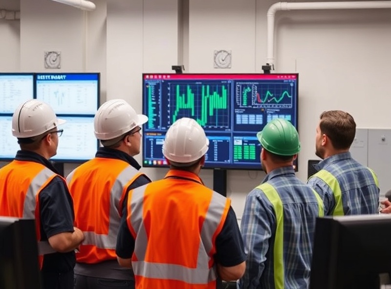 Team of utility managers and engineers reviewing maintenance schedules and system data at an infrastructure operations center