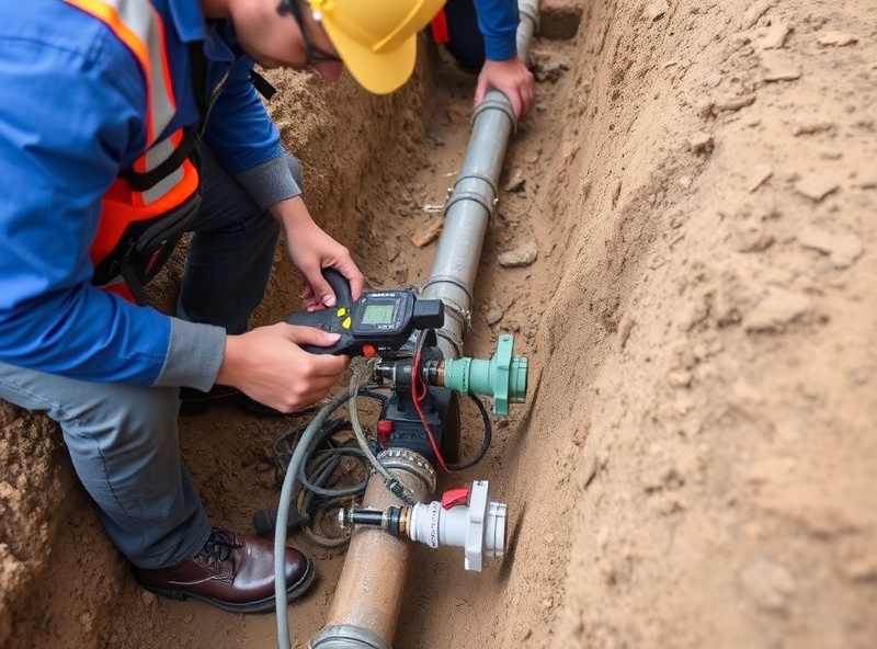 Professional infrastructure workers performing pressure testing and verification on water pipeline connections