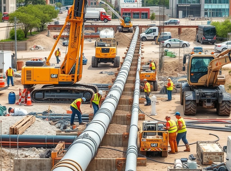 Large construction crew actively installing water infrastructure pipes at a municipal construction site