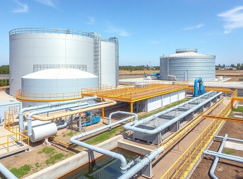 Modern water treatment and distribution facility with large storage tanks and piping systems