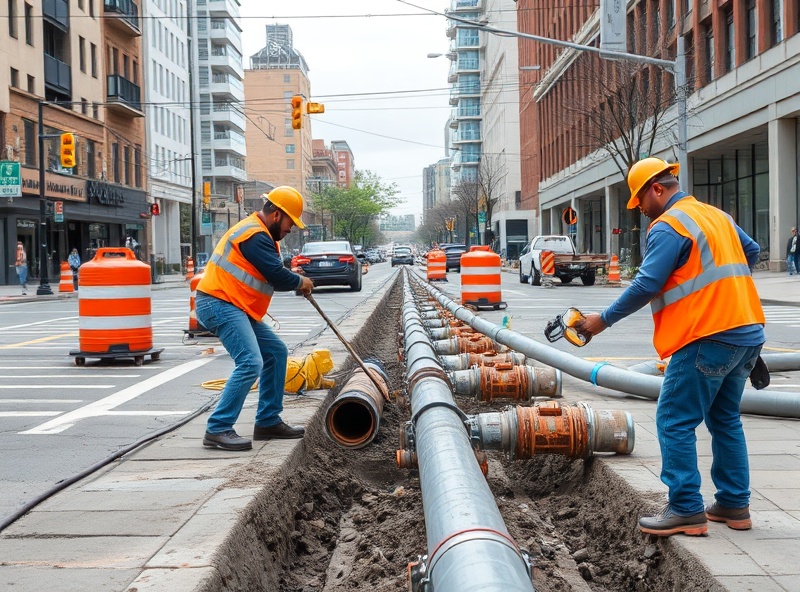 Municipal water utility workers installing and maintaining water distribution mains and wastewater pipes in an urban street reconstruction project