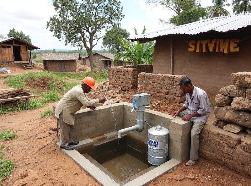 Remote rural community infrastructure project showing workers installing clean water delivery systems and sanitation infrastructure