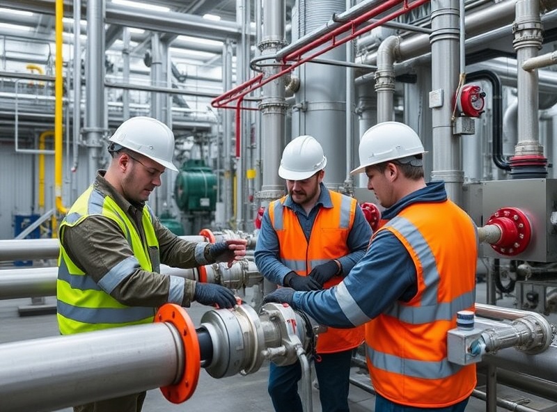 Industrial gas system technicians working on critical gas distribution pipeline connections and tie-ins with specialized equipment