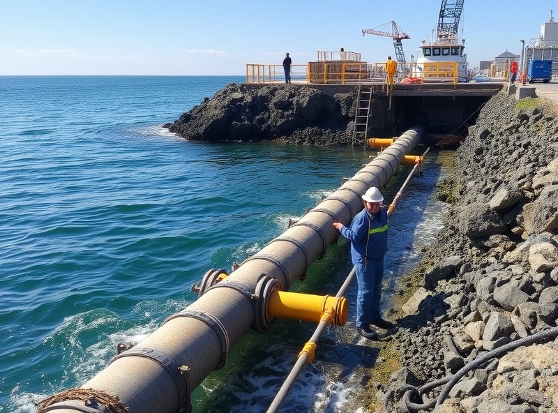 Coastal resilience project showing marine infrastructure workers managing subsea or immersed pipeline corridors and coastal water adaptation systems