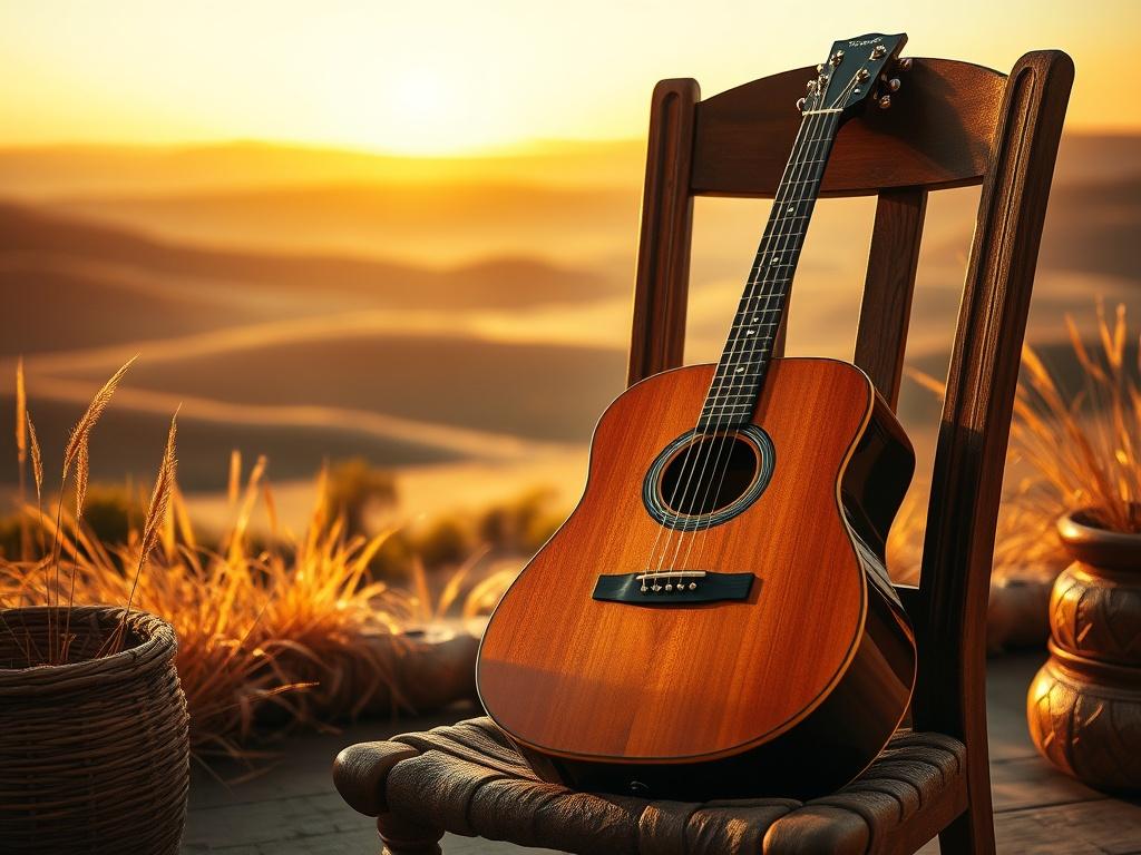 A cozy setting featuring an acoustic guitar resting against a