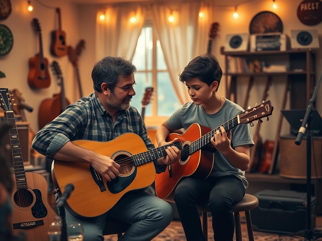 An instructor teaching a student to play guitar in a