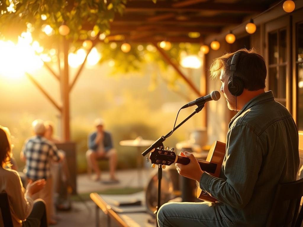 A cozy outdoor setting with a musician playing guitar, surrounded