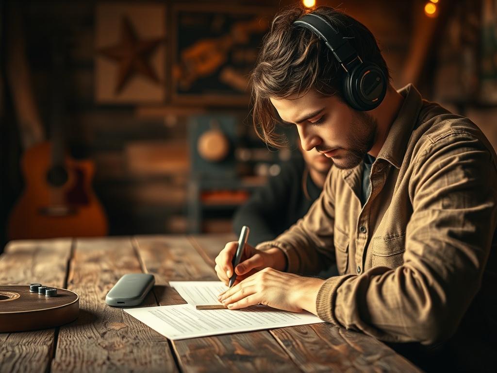 A close up of a songwriter sitting at a rustic