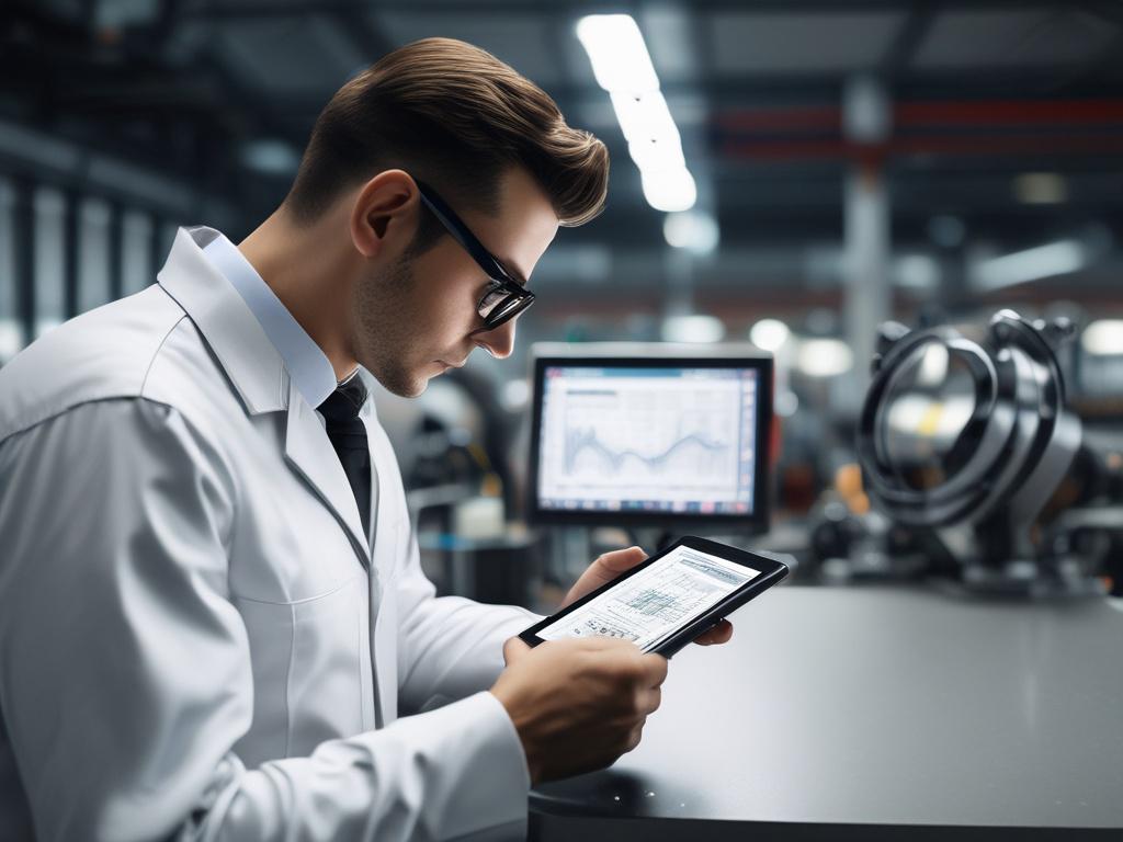 A hyper realistic close up of a manufacturing engineer analyzing