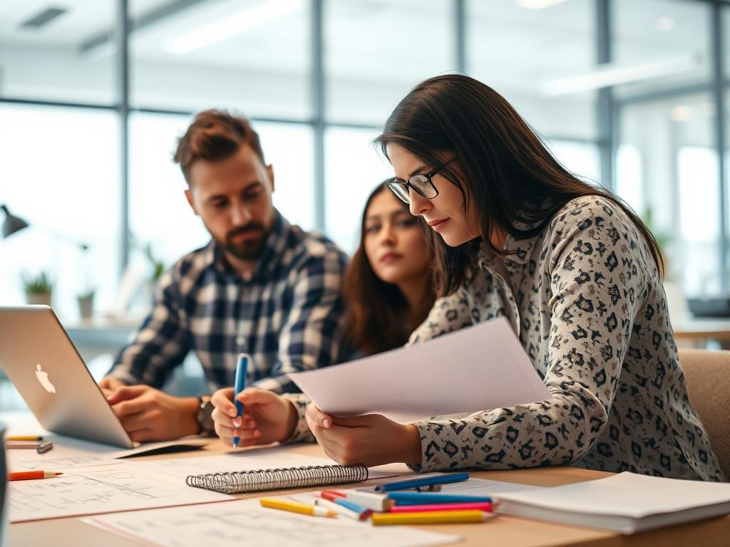 A close up shot of a software development team brainstorming