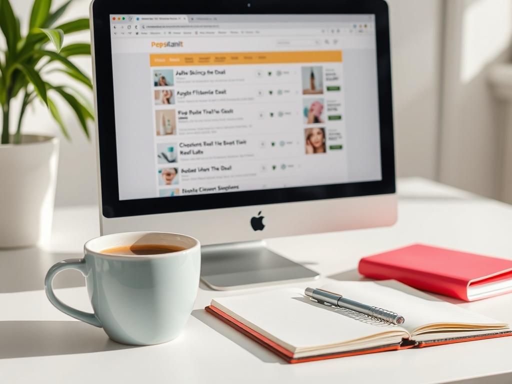 A high-resolution image showing a close-up of a computer screen displaying a list of current skincare deals on the PepsPlanit website. The scene is bright and engaging, featuring a cup of coffee beside a notebook, symbolizing a relaxed yet focused shopping experience.