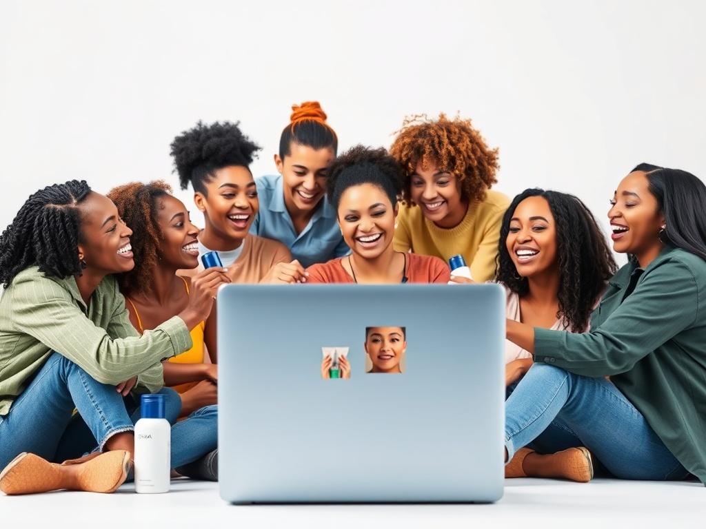 A vibrant, high-resolution image depicting a group of diverse individuals happily discussing skincare products, with a focus on a laptop showing the PepsPlanit website. The background is minimalistic and clean, emphasizing their excitement and the collaborative spirit of group buying.