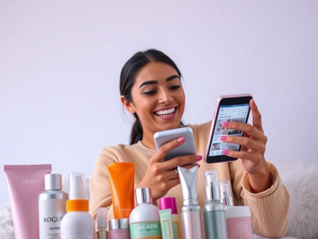 A realistic image of a person using a smartphone to browse group buys on the PepsPlanit website, with a joyful expression. The background is soft and inviting, showcasing various skincare products in the foreground, symbolizing the excitement of group purchasing.