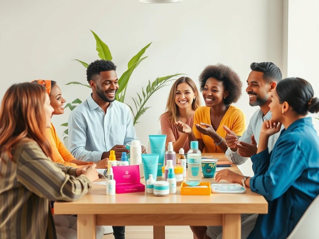 A group of diverse people happily discussing skincare products around a table, showcasing various skincare items in vibrant packaging. The setting is bright and inviting, with a minimalistic design featuring clean lines. The background includes a few plants to add a touch of freshness, emphasizing a community-focused atmosphere.
