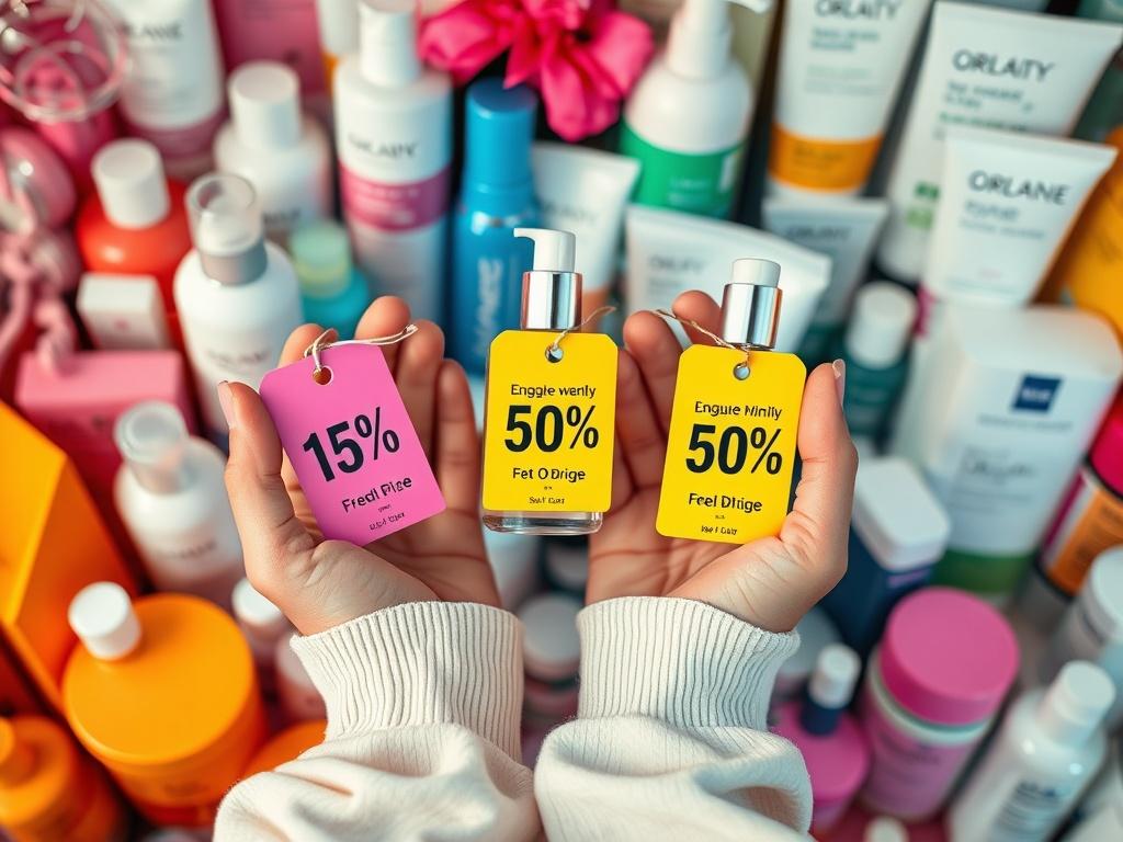 A close-up of hands holding skincare products with price tags showing discounts, surrounded by a vibrant and colorful display of various skincare items. The image should convey a sense of excitement and community savings.