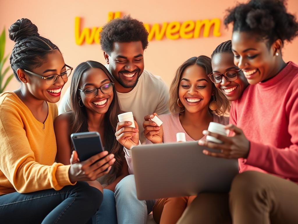 A group of diverse people happily participating in an online shopping experience, looking at skincare products on a laptop or tablet, with a vibrant and welcoming background. The focus should be on the excitement of joining a group buy.
