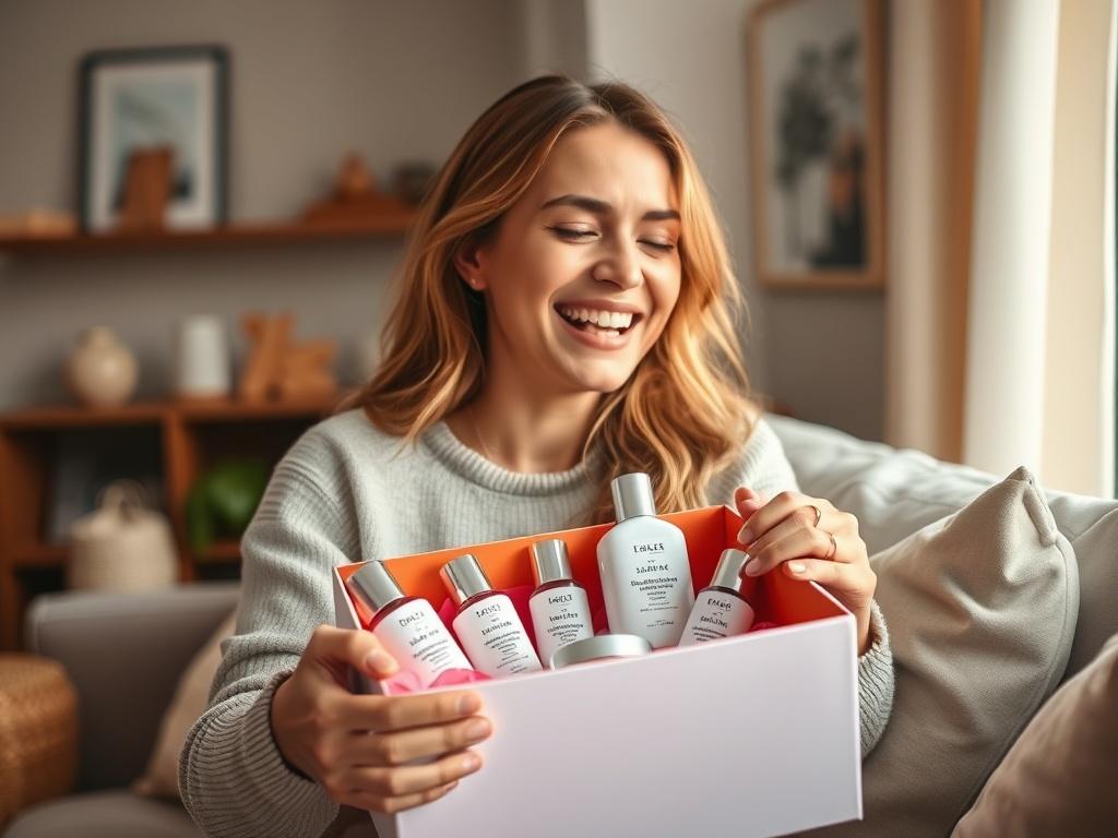 A beautifully packaged box of skincare products being opened by a delighted customer at their home, with a warm and inviting atmosphere. The focus should be on the joy of receiving the products and the quality of packaging.