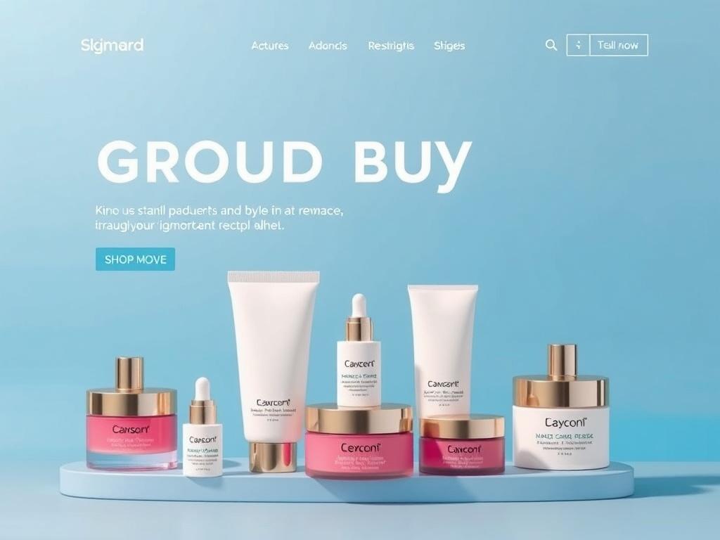 A clean and minimalistic website interface showcasing skincare products in a group buy format, with vibrant colors and high-resolution images of the items. The layout should be user-friendly, emphasizing the variety and quality of products available.