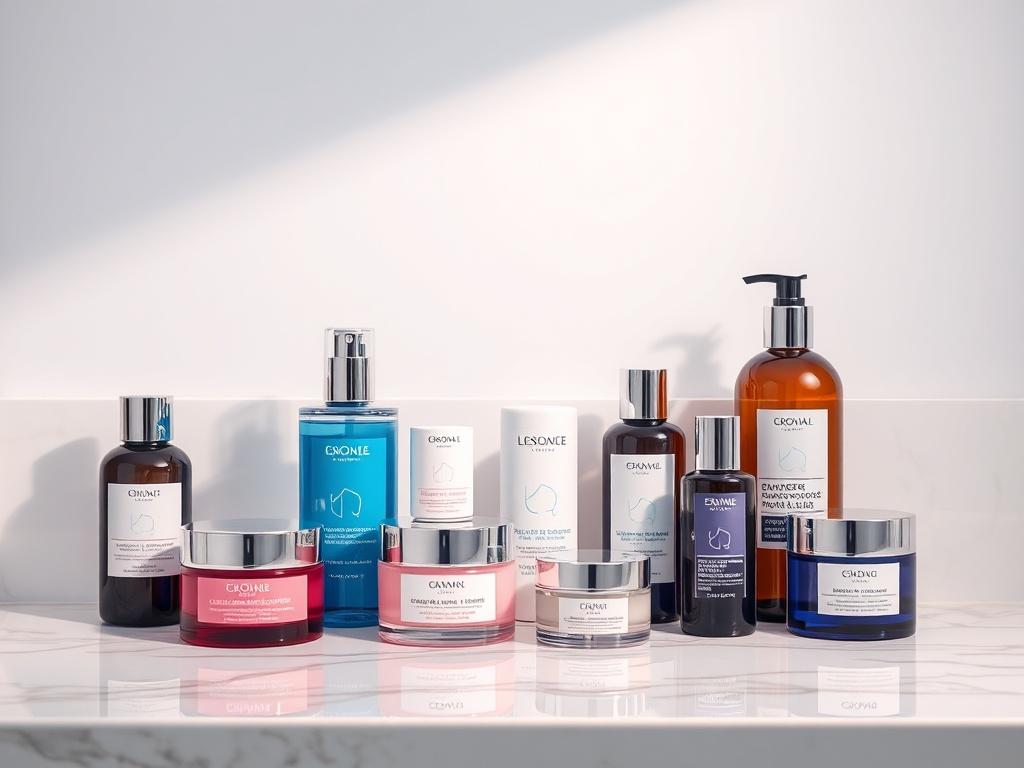 A high-resolution photorealistic image of a collection of skincare products elegantly displayed on a marble countertop. The scene is minimalistic with bold vibrant colors, highlighting the products in a clean, inviting manner.