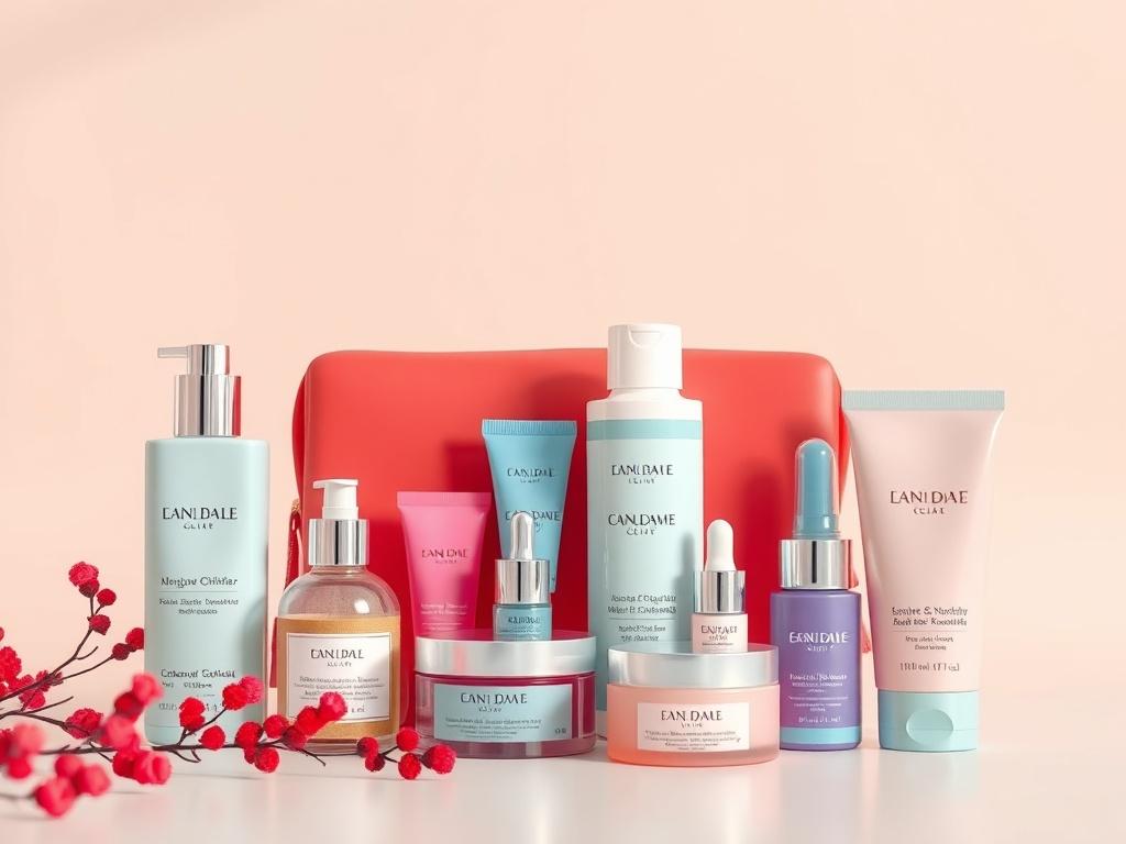 A high-resolution photorealistic image of a seasonal skincare bundle beautifully arranged with vibrant packaging. The background should be soft and subtle, focusing on the bundle while maintaining a clean aesthetic.