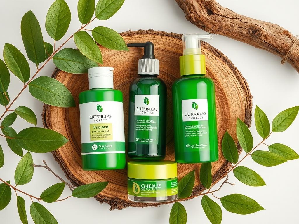 A high-resolution photorealistic image of eco-friendly skincare products surrounded by natural elements like leaves and wood. The composition is minimalistic, emphasizing the green and sustainable aspect of the products.