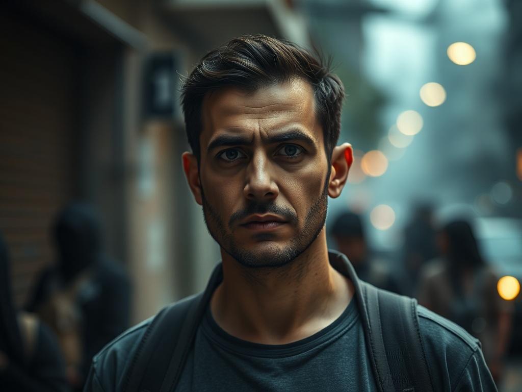 Create a highly detailed and realistic high-resolution photo that reflects the complexity of protests in Iran. The composition should be simple and clear, focusing on a single subject—a concerned Iranian citizen standing with a solemn expression in a slightly blurred urban setting that hints at an atmosphere of unrest. The background should subtly showcase a dimly lit street with shadows, suggesting a sense of surveillance and tension, without overtly depicting chaos. 

The subject should be dressed in casu