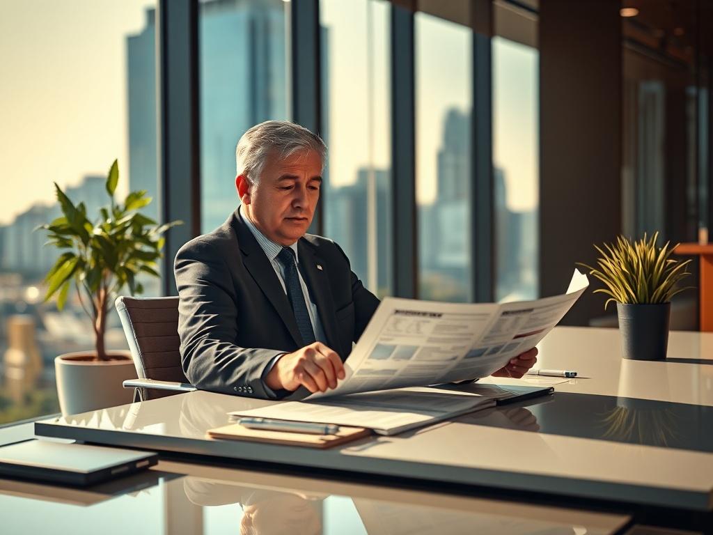 Create a realistic high-resolution photo that encapsulates the theme of "Understanding Behavioral Risk Interpretation." The composition should feature a single subject: a confident executive seated at a sleek, modern desk, deeply engaged in reading a report or analyzing data. The executive should be a middle-aged individual, either male or female, dressed in professional business attire, displaying a focused and thoughtful expression.

In the background, include a softly blurred cityscape, hinting at a corp