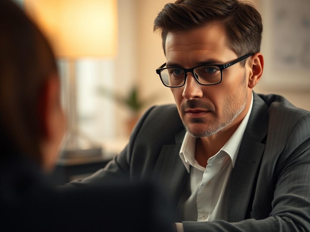 A close-up shot of a professional, engaged in a discreet advisory meeting, with a calm and focused expression. The setting is elegant and minimalistic, featuring a well-organized desk and subtle lighting that conveys a sense of confidentiality and professionalism. The background should be blurred to emphasize the subject, capturing the essence of a private advisory session.