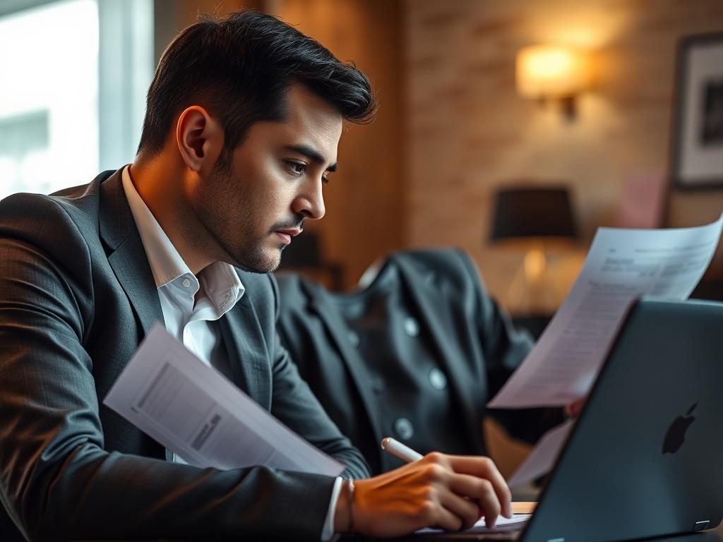 A close-up image of a confident executive discussing strategies in a discreet advisory context. The subject is surrounded by documents and a laptop, symbolizing strategic planning and analysis. The environment is upscale and professional, with soft lighting that creates an atmosphere of focus and discretion.