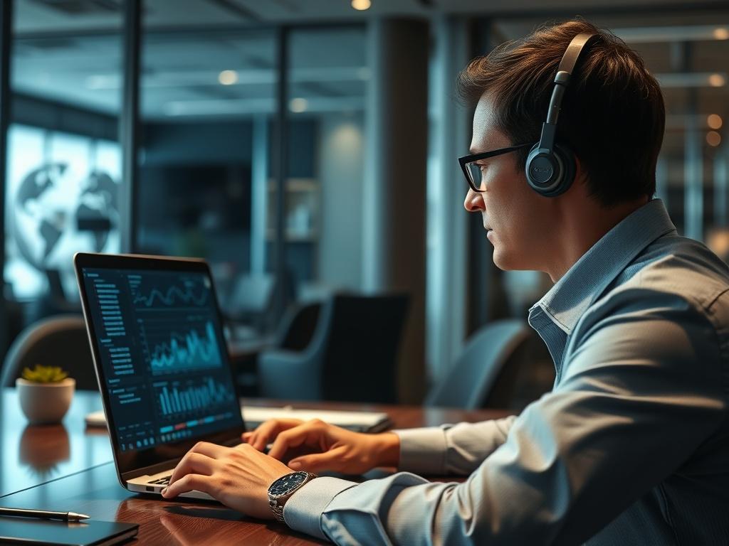 A close-up shot of a professional analyzing data on a laptop in a sophisticated office environment. The screen displays graphs and analytics, symbolizing predictive analysis. The setting is calm and organized, with an emphasis on privacy and focused monitoring.
