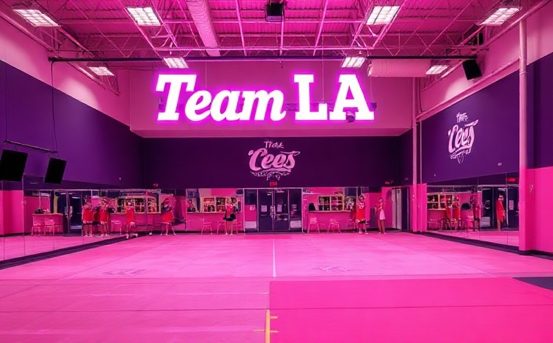 Team LA cheer gym with pink and purple branding