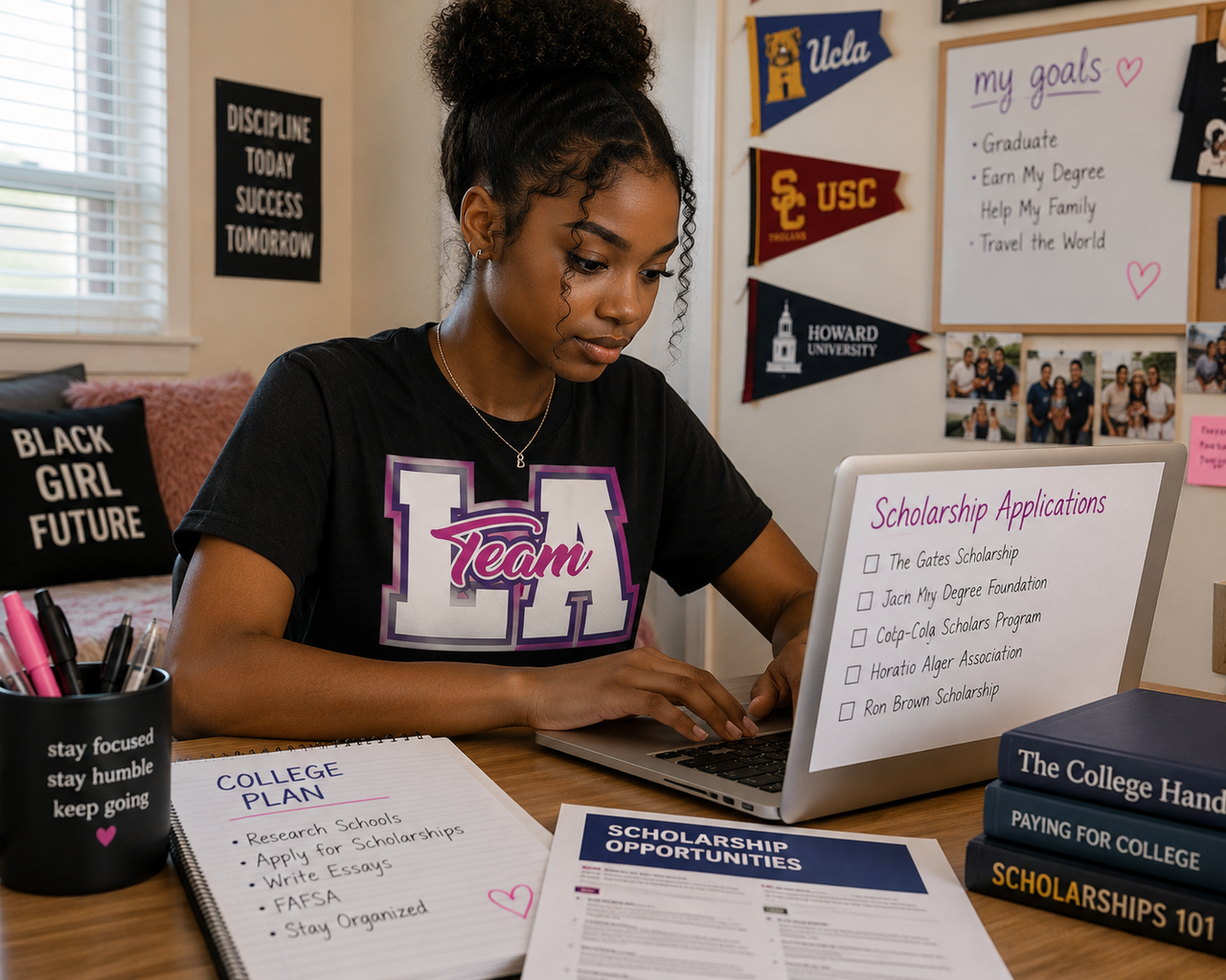 Black high school girl researching and applying for cheer and dance scholarships to colleges
