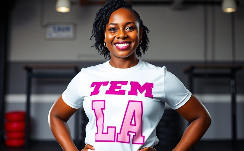 Black woman cheer coach in white Team LA shirt with pink and purple branding