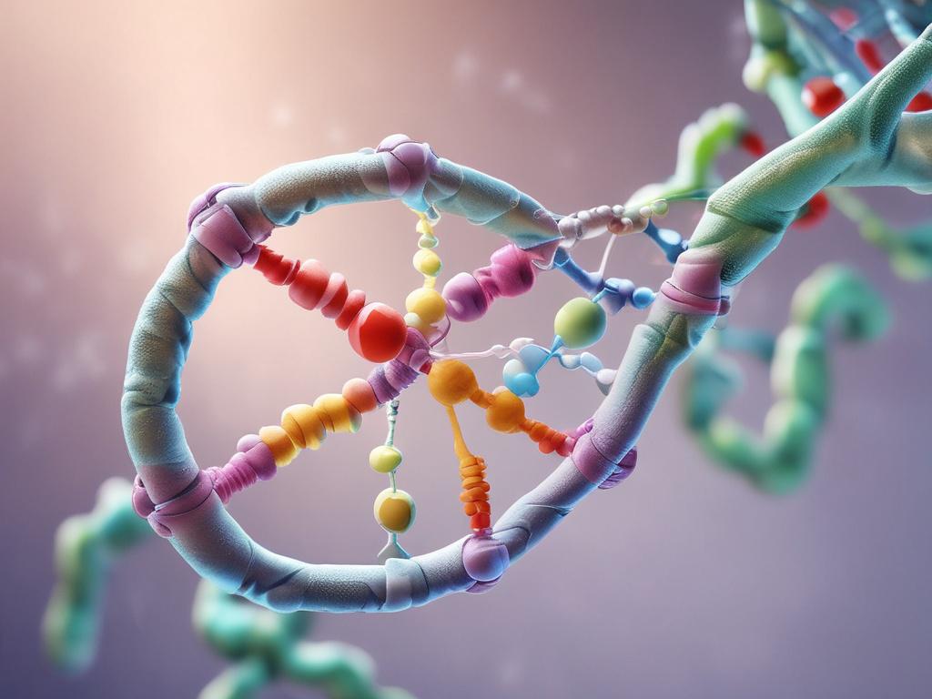 Create a realistic high-resolution photo that embodies the theme "Understanding Molecular Biology: The Foundation of Life." The central subject should be a well-lit, detailed, and vibrant 3D molecular structure model, showcasing fundamental biological components like DNA helices, proteins, and enzymes. Focus on clarity and simplicity in composition, ensuring the model occupies the center of the image with no additional elements distracting from it.

The background should consist of a softly blurred laborato