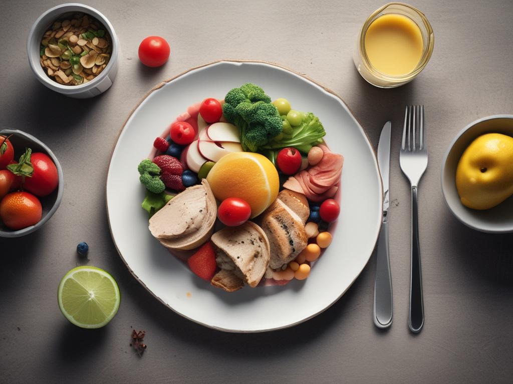 **Prompt for AI Image Generation:**

Create a realistic high-resolution photo that visually encapsulates the concept of a balanced diet and its role in weight loss. The composition should be simple and clear, focusing on a single subject: a beautifully arranged plate of colorful, healthy food that illustrates a balanced diet. 

The plate should include a variety of foods: lean protein (like grilled chicken or fish), healthy fats (such as sliced avocado or a sprinkle of nuts), and an assortment of vibrant fr